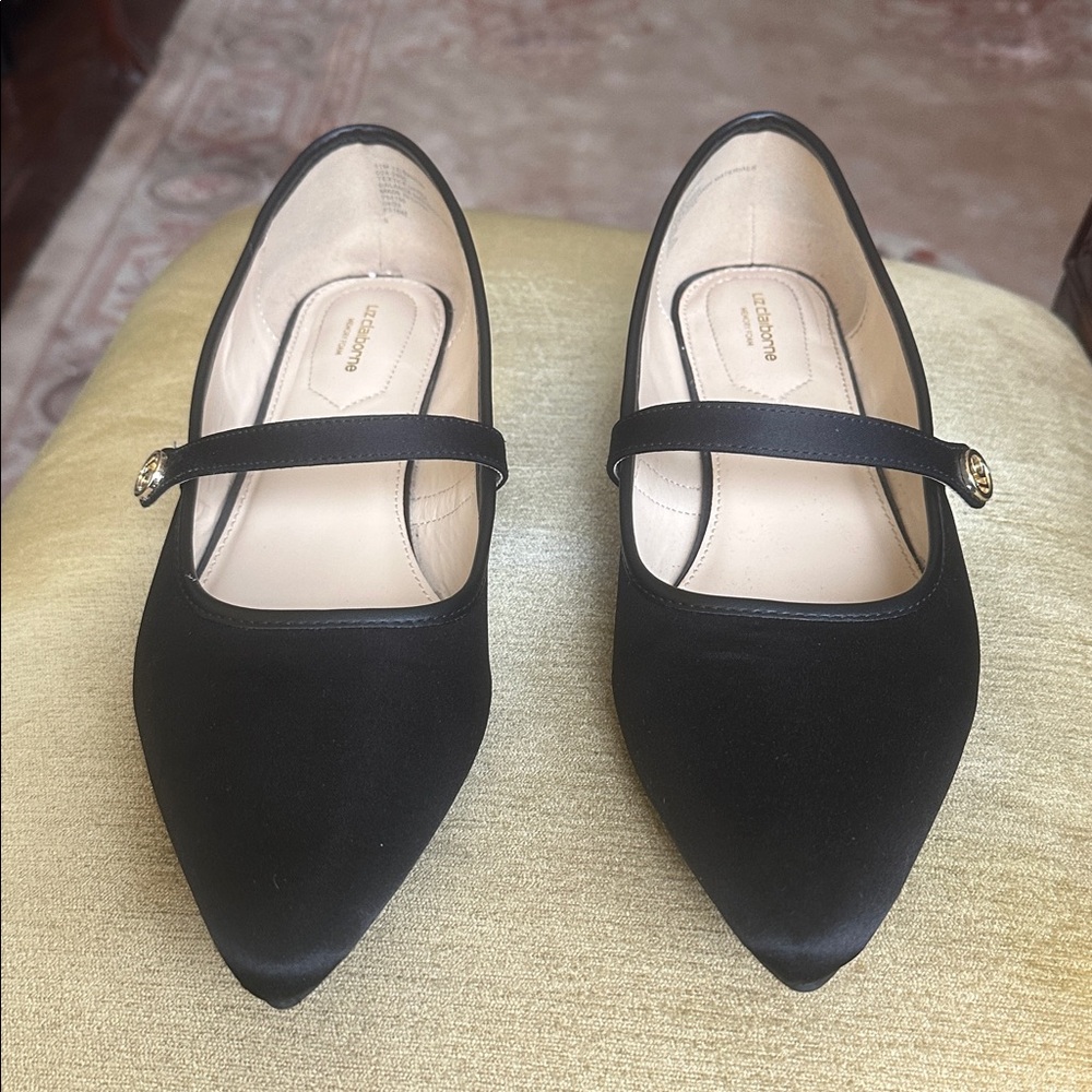 Liz Claiborne Santry Black Satin Pointed Toe Mary Jane Flat Shoes Size 11 - Picture 7 of 16